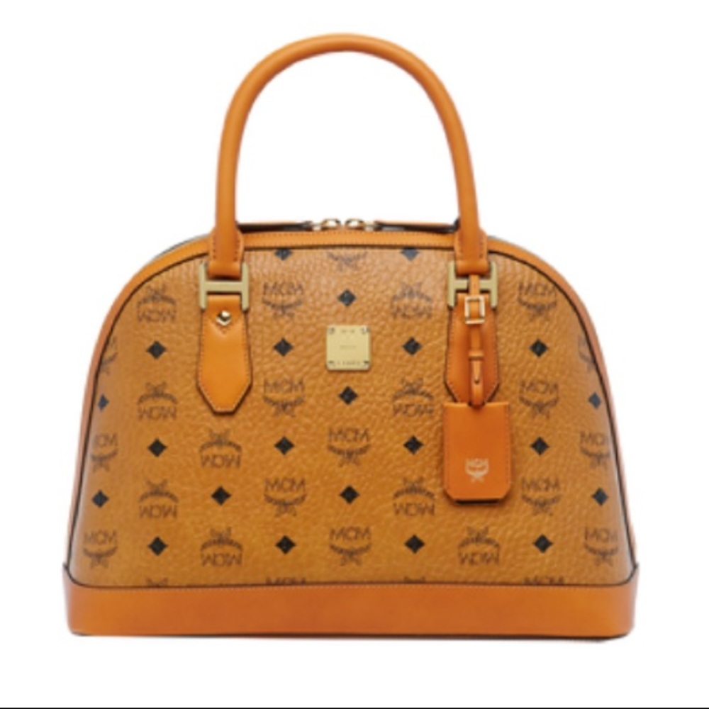 MCM Medium Heritage Canvas Bowling Bag in Cognac